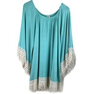 R Range Blue Turquoise White Fringe Boho Beachy Flowy Oversized Top Travel Lg
